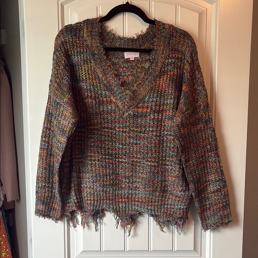 Pink Lily Brown V-Neck Sweater with Distressed Hem